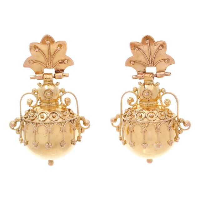 Antique Etruscan Ball Dangle Earrings, 20/18k Yellow Gold, Length 1in., Pair For Sale