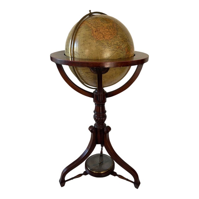 Merzbach and Falk Physical and Political Library Globe in Mahagony Stand With Compass Base For Sale