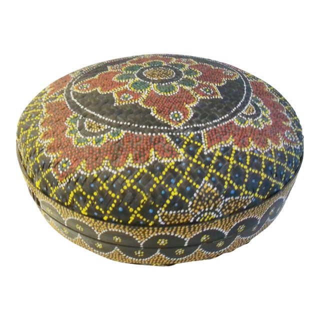 Vintage Hand-Painted Dot Art Boho Lidded Rattan Basket For Sale