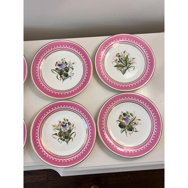 Ceramic Antique French Pink Old Paris Porcelain hand-painted dessert set with 12 plates and 5 assorted tazzas, porcelain with gilt accents - 17 pcs For Sale - Image 7 of 18