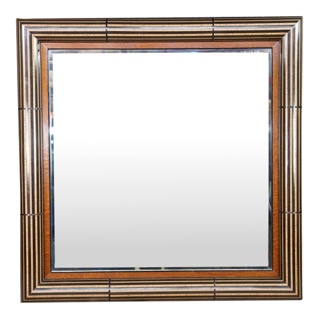 Large Neoclassical Style Ebonized & Burl Wood Wall Mirror With Marquetry Inlay For Sale