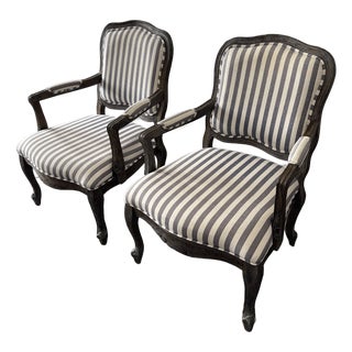 French Louis XV Style Striped Fauteuil Armchairs, Pair For Sale