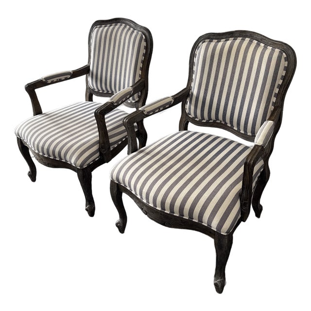 French Louis XV Style Striped Fauteuil Armchairs, Pair For Sale