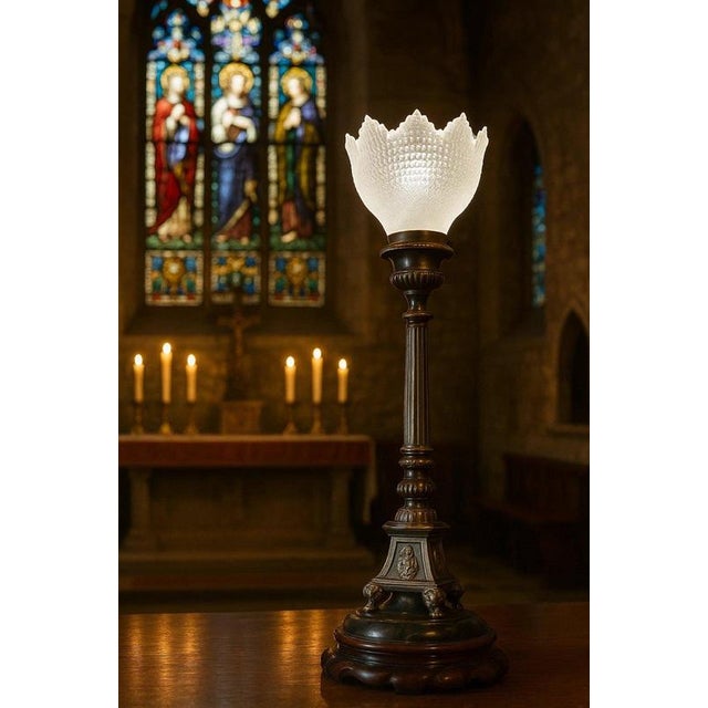 An elegant English Edwardian ecclesiastical table or altar lamp dating to circa 1910, combining an architectural silver-...
