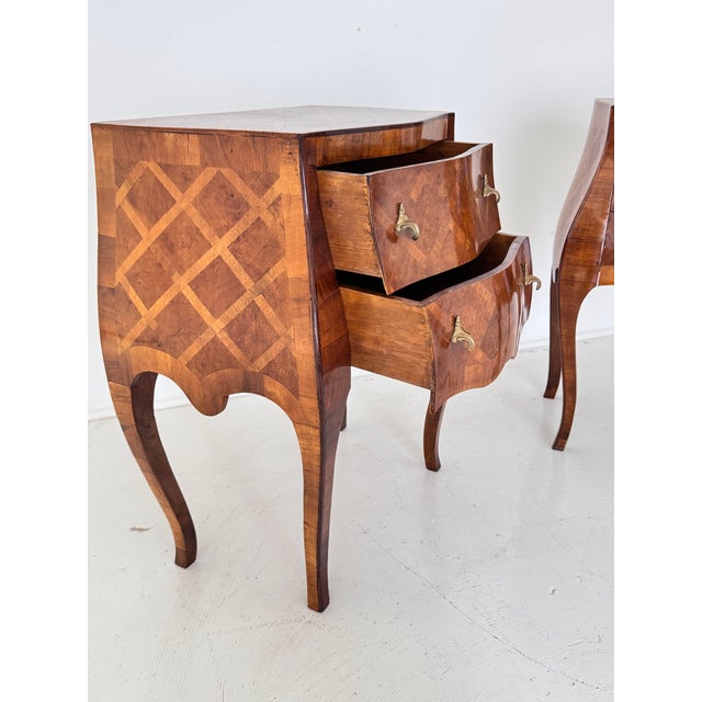 Pair of Italian Bombe Commodini W Geometric Marquetry and Brass Hardware, 1950s For Sale - Image 9 of 16