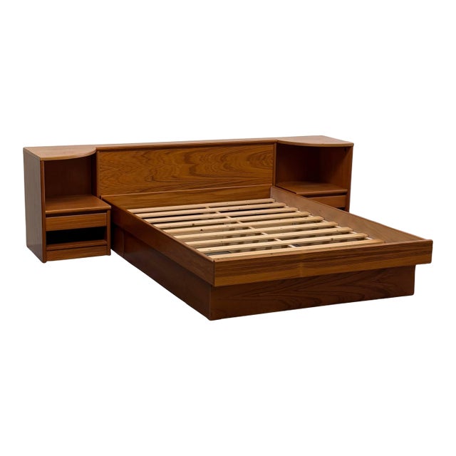 Danish Teak Full Size Bed With Built-in Nightstands – Scandinavian Design 1960s For Sale