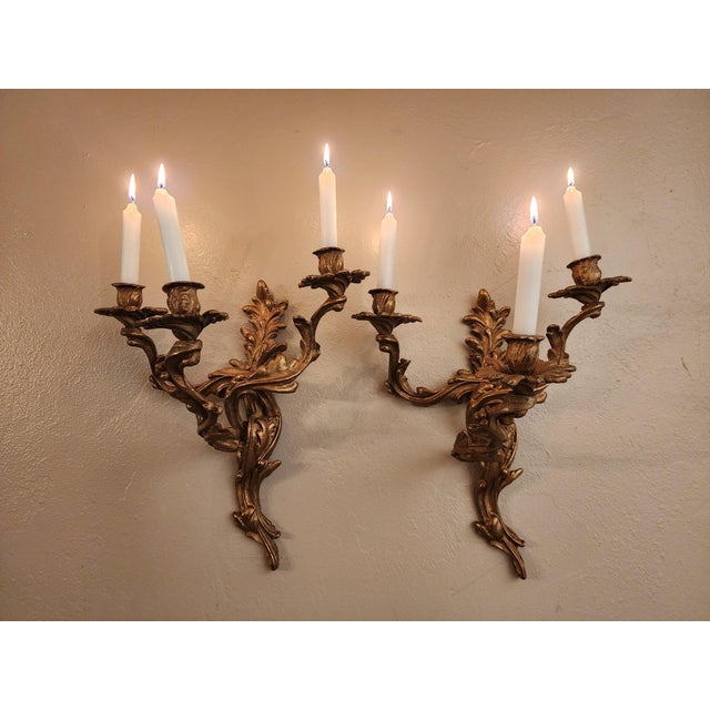 Antique Art Nouveau Pair Heavy Cast Gilt Brass 3 Light Wall Sconces with Aged Patina A striking pair of substantial cast...