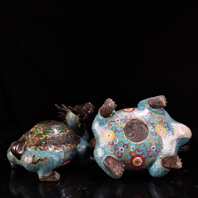 Pair of Antique Cloisonné Dragon-Turtle Figurines, 6000g Total, Enamel For Sale In Los Angeles - Image 6 of 10
