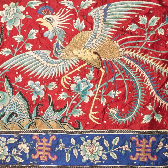 Textile A Massive Chinese Red Ground Embroidered Silk Wall Panel, Late Qing Dynasty For Sale - Image 7 of 15
