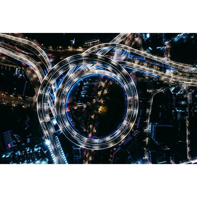 Aerialperspective Images, Top View of Overpass and Road Intersection at Night, Photograph, in Flawless conditions....