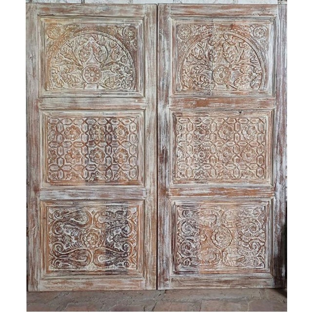 1920s Vintage Hand-Carved Floral Whitewash Wood Sliding Door – Rustic Entry Barn Door 80x36 For Sale - Image 5 of 7