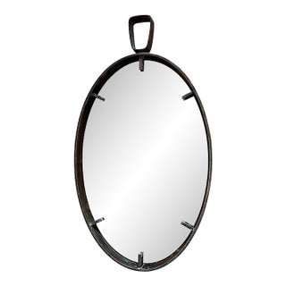 Vintage Oval Iron Frame Wall Mirror With Hanging Loop For Sale