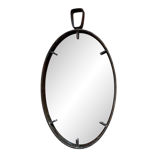 Vintage Oval Iron Frame Wall Mirror With Hanging Loop For Sale