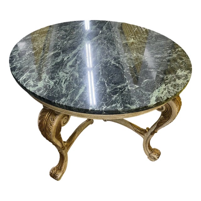 Late 20th Century Hollywood Regency Round Green Marble Top Center Table With Gilt Scroll Base For Sale