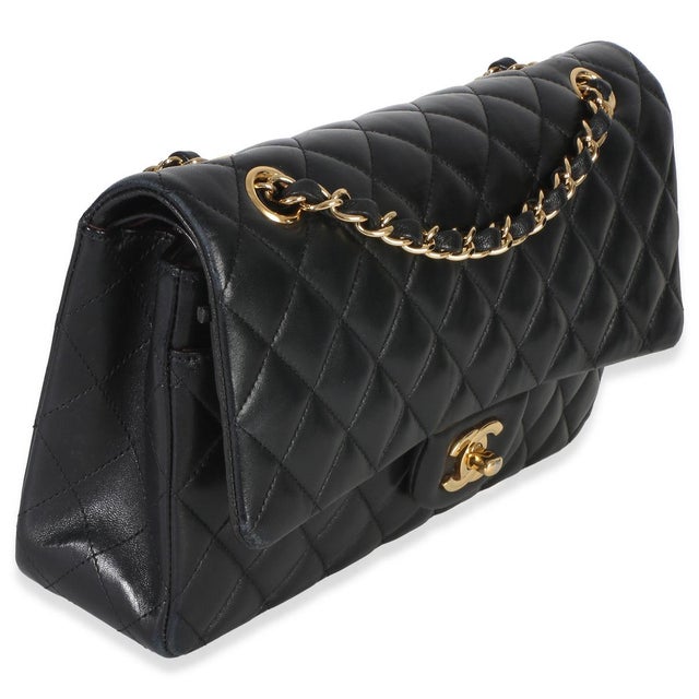 Traditional Black Quilted Lambskin Medium Classic Double Flap Bag For Sale - Image 3 of 9