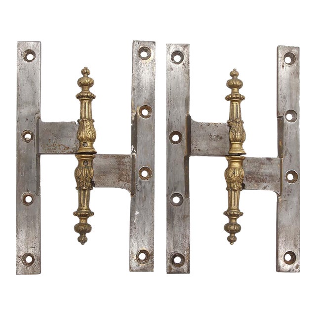 Pair of Vintage 9.875 X 6 Ornate Brass Steel Olive Door Hinges For Sale