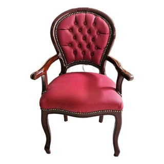 Burgundy Leather Tufted Armchair – Classic French Style Accent Chair For Sale