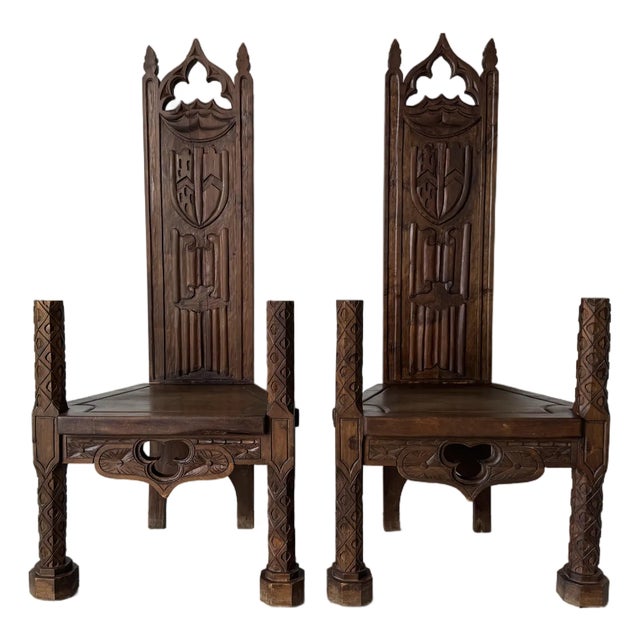 Antique Spanish Gothic Revival Carved Wood Throne Chairs – A Pair/ Sold For Sale