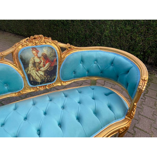 1970 French Louis XVI Gold Beech Velvet Settee - 1 Pc For Sale - Image 6 of 15