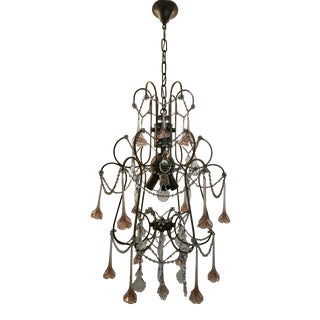 Vintage Chandelier with Pink Murano Flowers For Sale