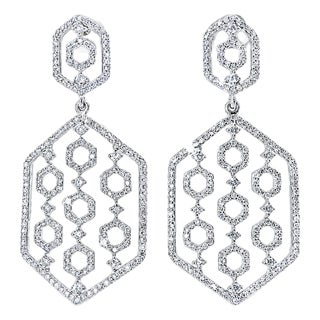 14K White Gold Diamond Designer Drop Earrings For Sale