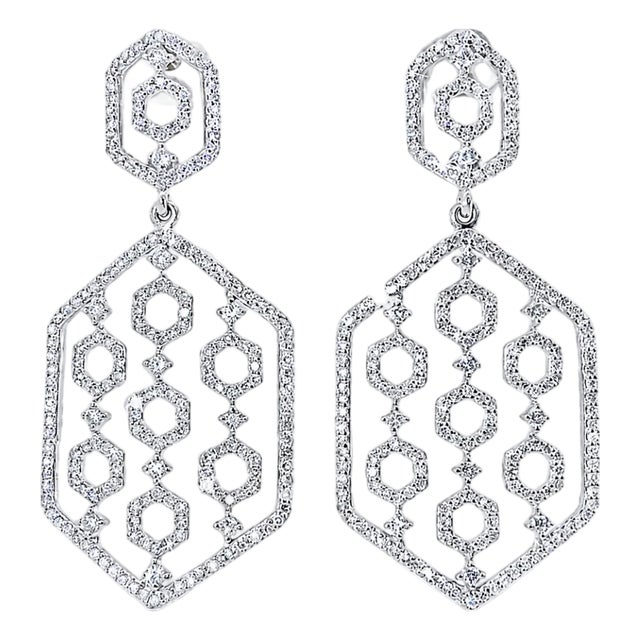 14K White Gold Diamond Designer Drop Earrings For Sale