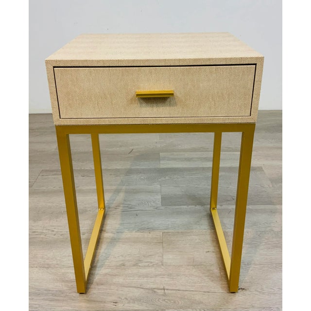 Stylish Modern Beige Faux Lizard Side Table, one drawer, gold base and pull, showroom floor sample