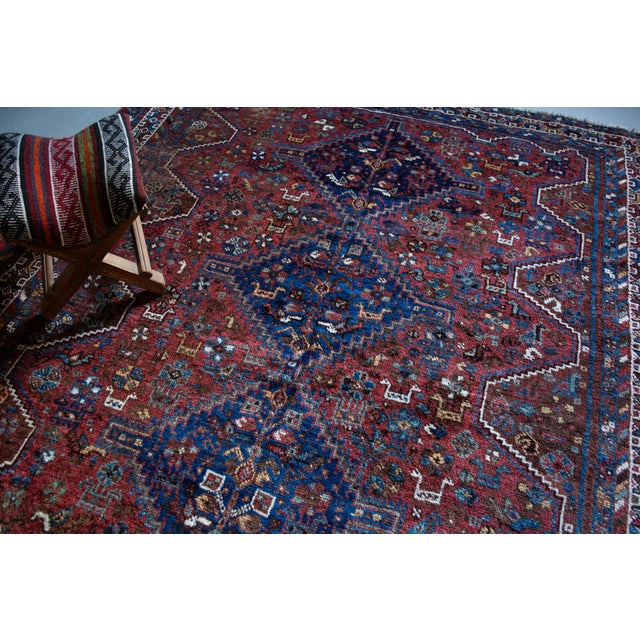 1900 - 1909 Early 1900s Antique Botanical Figural Tribal Medallion Brick Red Blue Almost Square Rug - 5’10” X 6’10” For Sale - Image 5 of 11