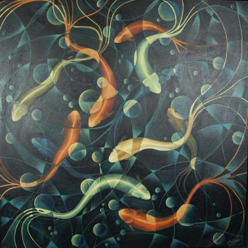 Vera Jefferson, Swimming Koi, Oil on Canvas For Sale - Image 6 of 6