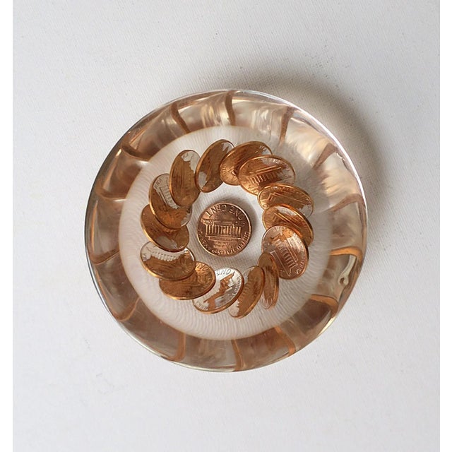Transparent 80s Modern Lucite Copper Penny Paperweight Decorative Object For Sale - Image 8 of 8