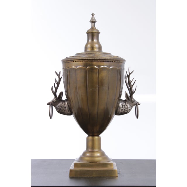 1970s Pair of Vintage Brass Trophy Lidded Deer Urns For Sale - Image 5 of 14