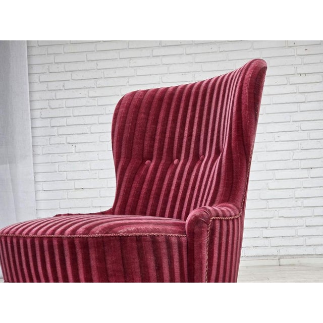 Danish Armchair in Striped Red Furniture Velour, 1960s For Sale - Image 11 of 17