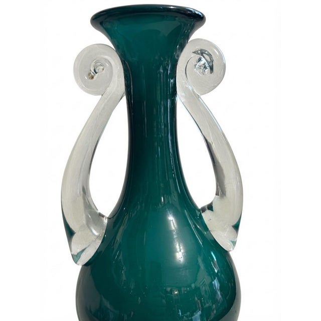 Vintage Teal Green Art Glass Vase With Clear Applied Scroll Handles For Sale - Image 4 of 7