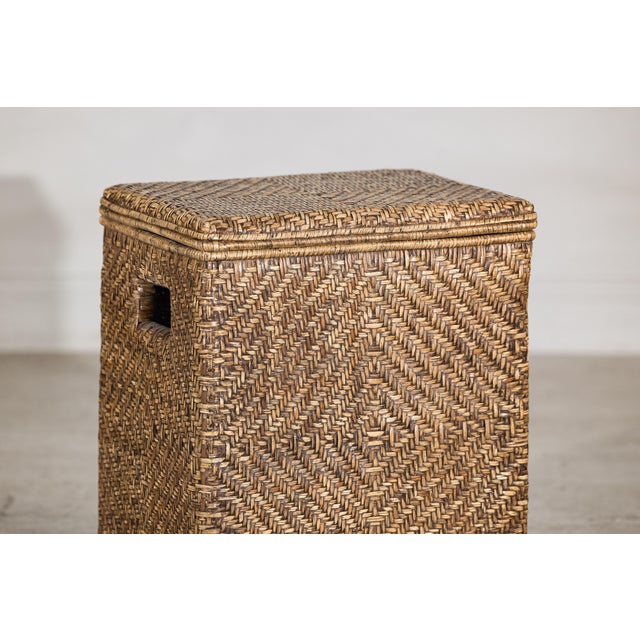 Vintage Rattan Over Wood Storage Basket with Removable Lid and Side Handles For Sale - Image 16 of 17