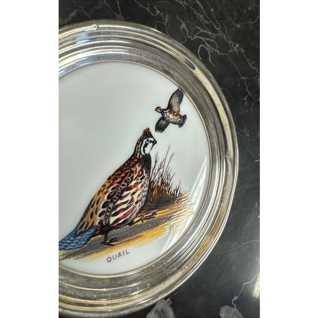 Ceramic Vintage Hand Painted Porcelain Quail Game Bird Sterling Rimmed Coaster Hunt For Sale - Image 7 of 8