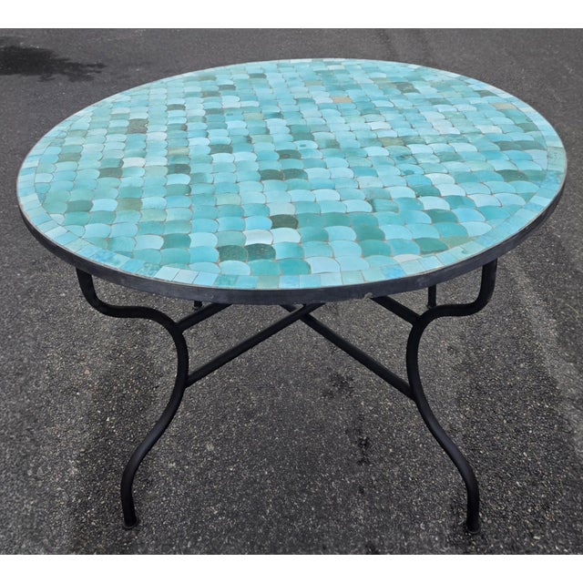 Moroccan 48" Handcrafted All Emerald Moroccan Mosaic Table, Fish Scale Style For Sale - Image 3 of 7
