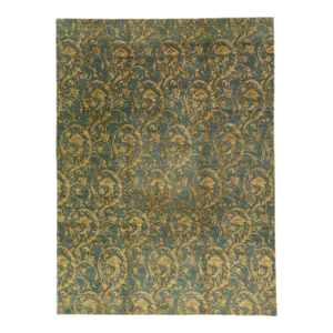 2020s Allover Modern Tibetan Handmade Wool and Silk Rug With Blue Field