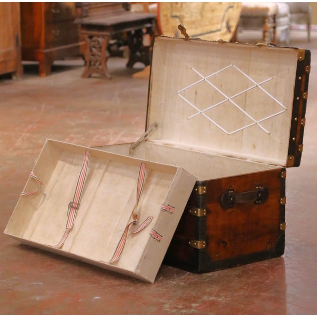19th C. French Parisian Travel Trunk Coffee Table With Brass and Iron Hardware For Sale - Image 13 of 16