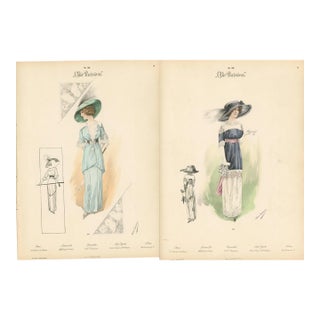 Pair of Antique Chic Parisien Fashion Plates, 1910 For Sale