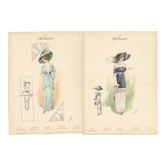 Pair of Antique Chic Parisien Fashion Plates, 1910 For Sale