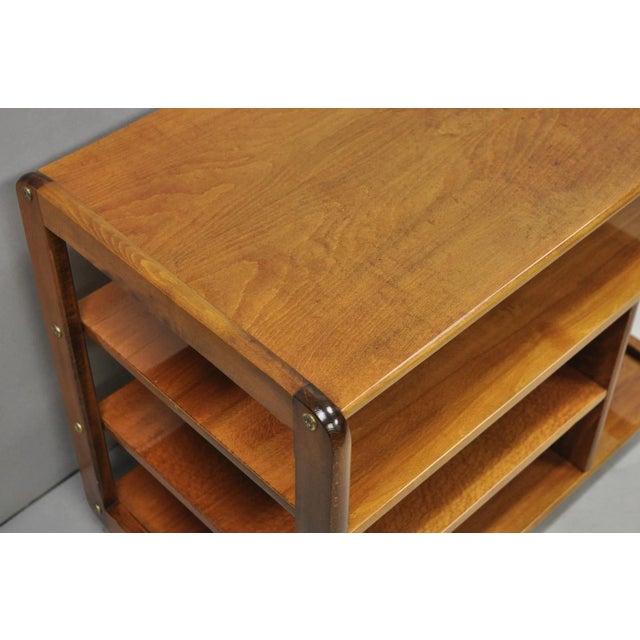 Vintage Mid Century Modern Lacquered Cherry Wood Rolling Cart Tv Stand Shelf For Sale - Image 4 of 11