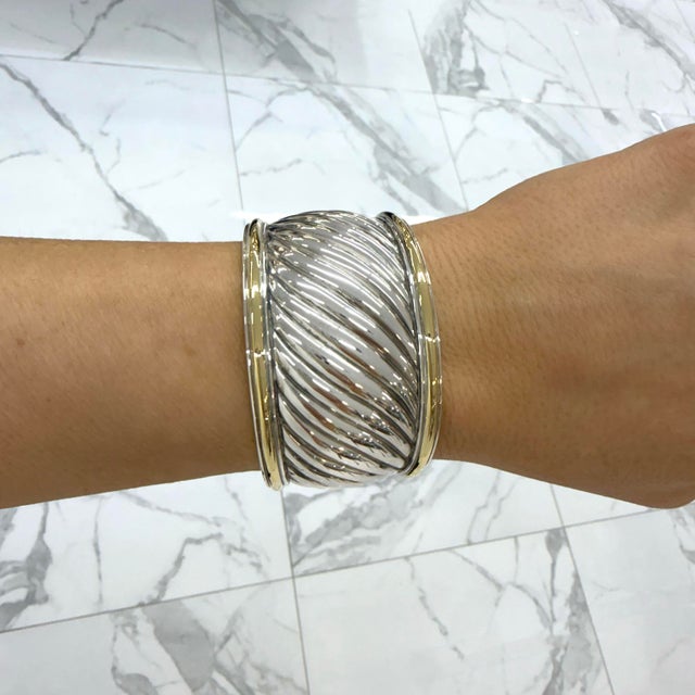 Gold David Yurman 18k Yellow Gold Silver Two-Tone Sculpted Cable Cuff Bangle Bracelet For Sale - Image 8 of 8