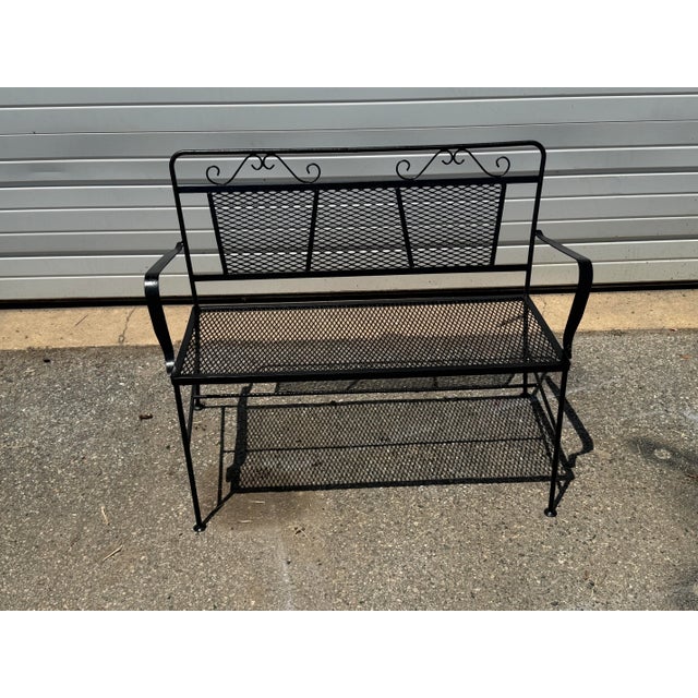 Metal Vintage Woodard Style Wrought Iron Mesh Patio Bench For Sale - Image 7 of 12