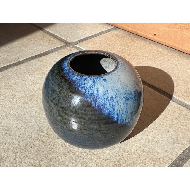 Studio Ceramic Spherical Vase with Blue Flowing Glaze, Germany, 1970s For Sale - Image 15 of 15