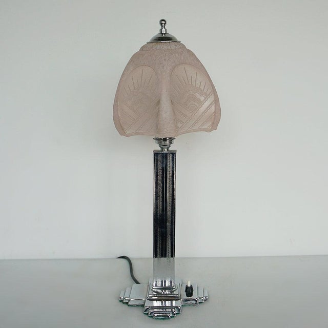 Metal Art Deco Table Lamp with Pink Glass Shade For Sale - Image 7 of 8