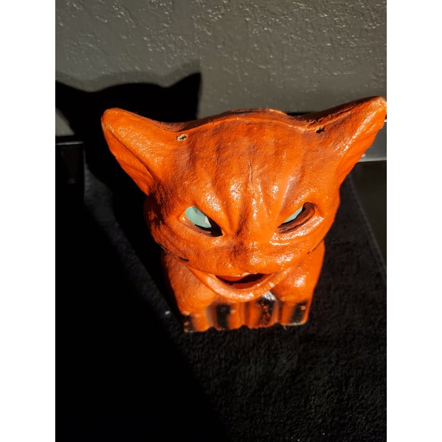 American Vintage Molded Papier-Mâché Halloween Orange Cat Candy Container / Lantern For Sale - Image 3 of 11