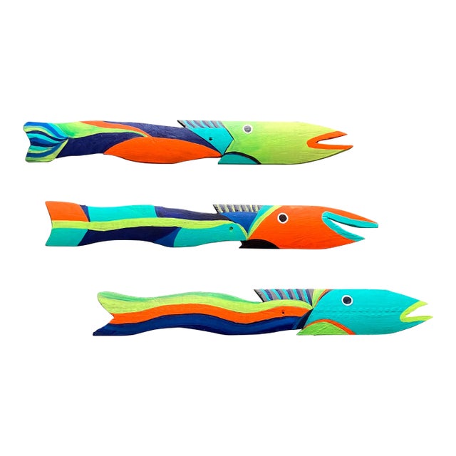 Contemporary Original 3 Tropical Hand Painted Wooden Fish Signed- Set of 3 For Sale