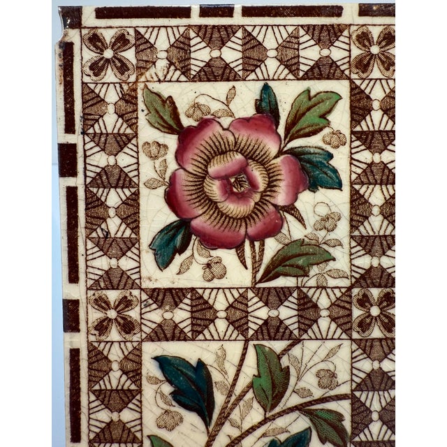 Antique English Glazed Ceramic Tiles With Red Roses, Polychrome Transfer Decoration, Set of 5 For Sale In Jacksonville, FL - Image 6 of 7