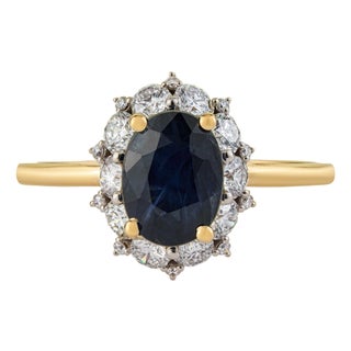 VRJewels 1.55ct Blue Sapphire Diamond Halo Ring Size 5.5 in 14k Yellow Gold For Sale