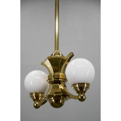 Gold Art Deco Brass and Glass Chandelier from Gocar, 1910s For Sale - Image 8 of 11